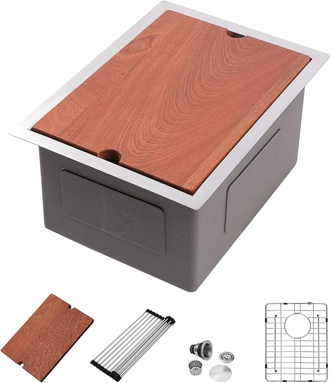 Dcolora 17 Inch Undermount Bar Sink Workstation Stainless Steel Kitchen Sink Bar Prep with Ledge Round Corner X Grooves 16 Gauge Single Bowl RV Camper DC-U7735