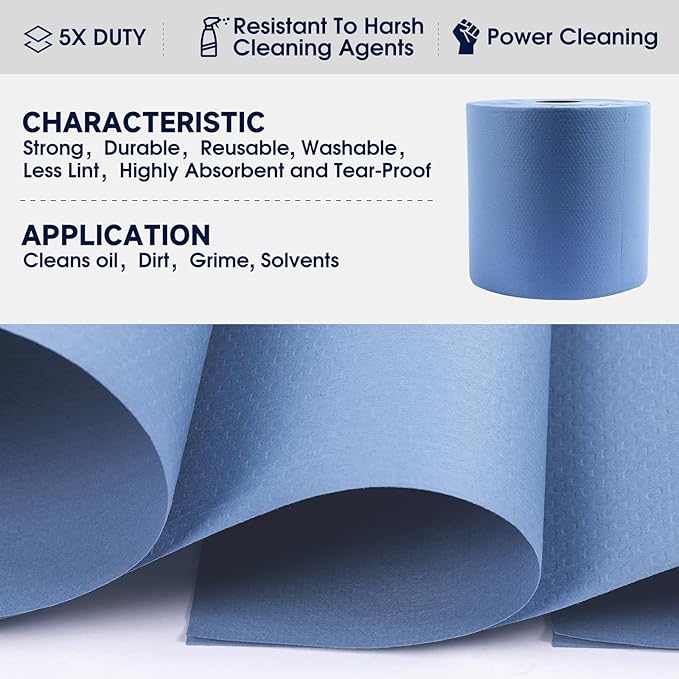 Industrial Strength Power Clean Heavy Duty Wipes - Absorbent, Durable, and Reusable Cloths for Tough Dirt, Oil, and Grime in Manufacturing and Workshops - 475 Sheets, Blue Shop Towels-Jumbo Roll