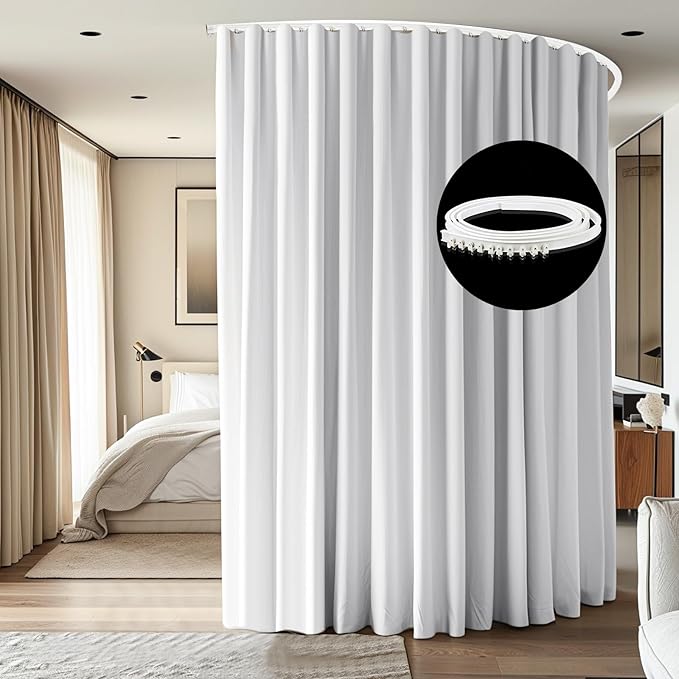 Room Divider Ceiling Mounted Curtains Track Sets Extra Wide Blackout Curtain Flexible Tracks for Bedroom Privacy Partition Separator, 1 Panel White Drape and White Rail, W10 x H7ft