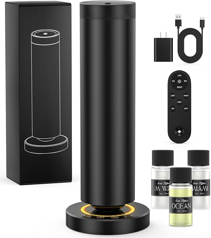 Waterless Diffuser with 90ML Essential Oils, Covers 1000 Sq Ft, Diffusers for Home Hotel, Adjustable Mist & Timer, Scent Diffuser Starter Kit with Night Light, Black