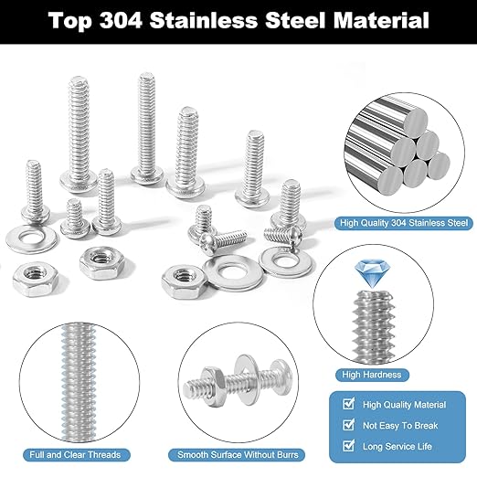 405Pcs SAE Machine Screws Bolts Nuts and Flat Washers Assortment Kit, #4-40#6-32#8-32#10-24, 304 Stainless Steel Phillips Pan Head Bolts Hex Nuts Flat Washers Set Kit with Storage Case