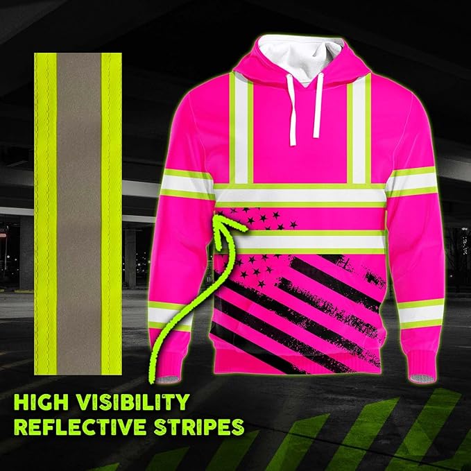 Color US Flag High Visibility Hoodie for Men Women Reflective Tapes Safety Workwear for Worker Runner Patriotic