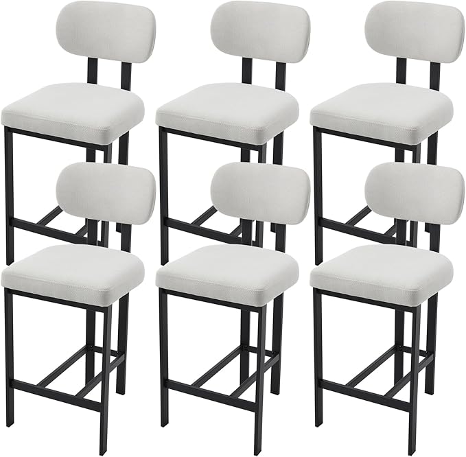 Modern Counter Stools Set of 6, 26" Upholstered Barstools with Back, Sturdy Black Metal Legs Dining Stools with Footrest for Home Pub Kitchen, Cream