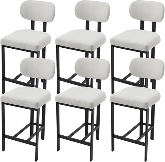 Modern Counter Stools Set of 6, 26" Upholstered Barstools with Back, Sturdy Black Metal Legs Dining Stools with Footrest for Home Pub Kitchen, Cream
