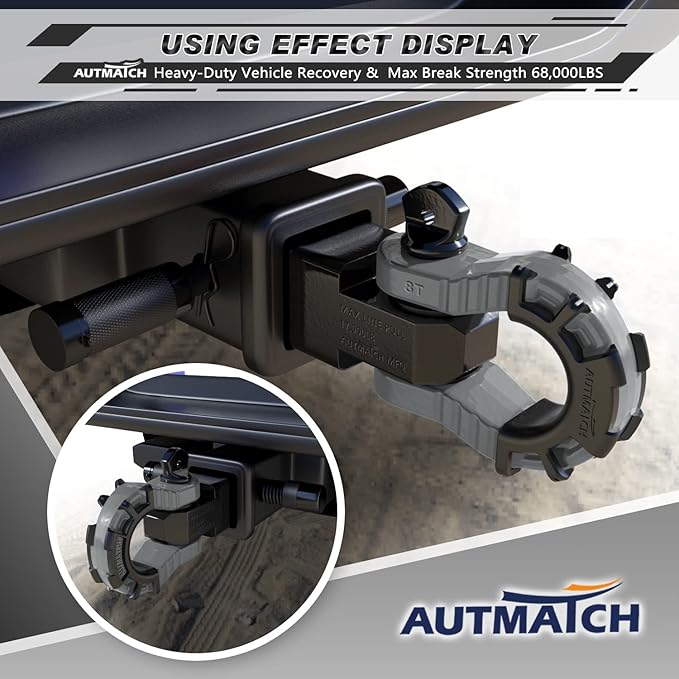AUTMATCH Shackle Hitch Receiver 2" with 3/4" Mega D Ring Shackle and 5/8" Trailer Hitch Lock Pin, 68,000 Lbs Break Strength Heavy Duty Receiver Towing Kit for Off-Road Vehicle Recovery, Black & Gray