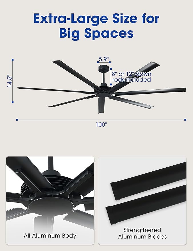 Industrial Ceiling Fans, 100 Inch Black DC Motor Ceiling Fans No Lights for Living Room Shop Garage Bedroom Indoor Outdoor, Remote Control, 6-Speed Reversible Blades, Dimmable, 3CCT, Timer
