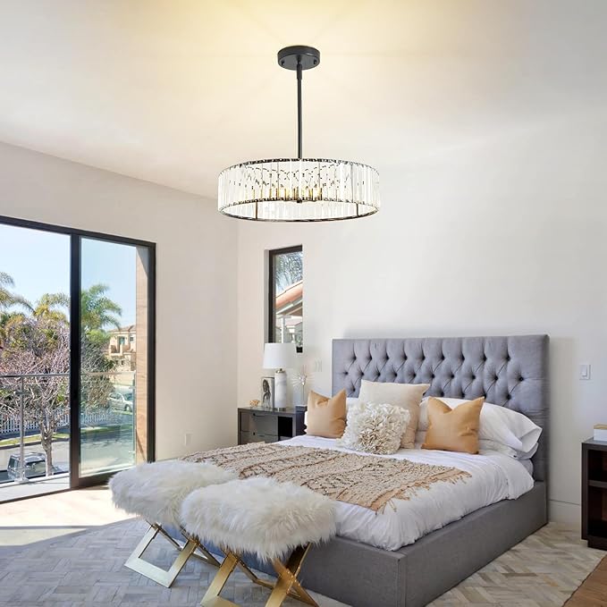 Modern Black Crystal Chandelier for Dining Room,5-Light Semi Flush Mount Ceiling Light Fixtures,20in Bedroom Fixture, Round Kitchen Hanging Drum Pendant Lights for Living Room Foyer