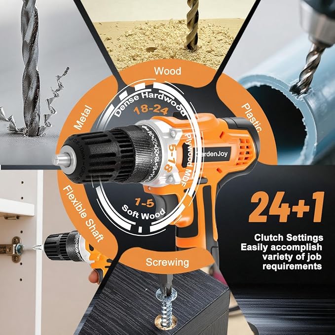 GardenJoy 20v Cordless Drill Set, Power Electric Kit 2 Batteries With Charger 30Nm 2-Speed 3/8" Keyless Chuck 24+1 Torque Drill Driver screwdriver Bits with LED Electric Work Light for MEN DIY