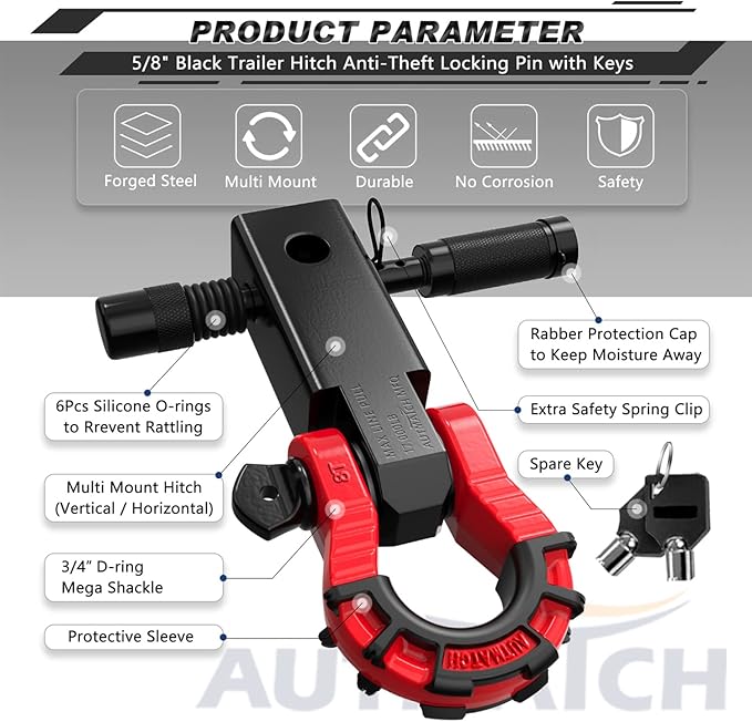 AUTMATCH Shackle Hitch Receiver 2" with 3/4" Mega D Ring Shackle and 5/8" Trailer Hitch Lock Pin, 68,000 Lbs Break Strength Heavy Duty Receiver Towing Kit for Off-Road Vehicle Recovery, Black & Red