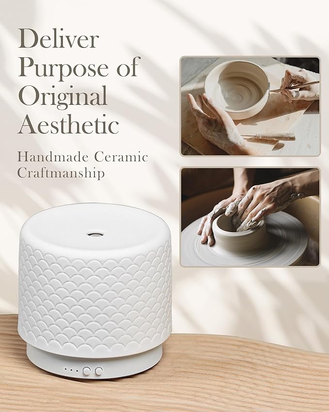Ceramic Essential Oil Diffuser 280ml- Aromatherapy Diffuser with Ultrasonic Cool Mist Humidifier, Night Light, Timer, Auto Shut-Off, Large Room Aroma Diffuser for Home, Bedroom, Office, Yoga