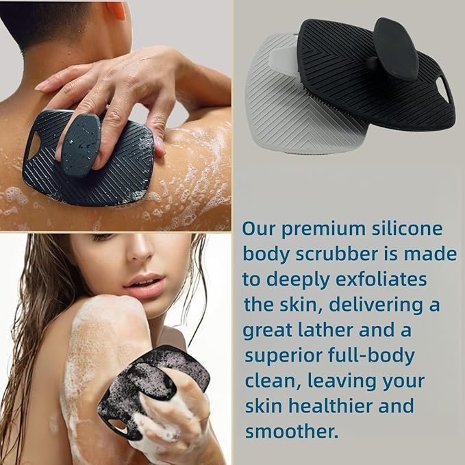 2 Pack Silicone Body Scrubber, Highly Elastic Bristles Handheld Brush for Shower, Lather Well and Gentle Exfoliating, Makes Skin Smooth, for Women and Men, Black and Gray