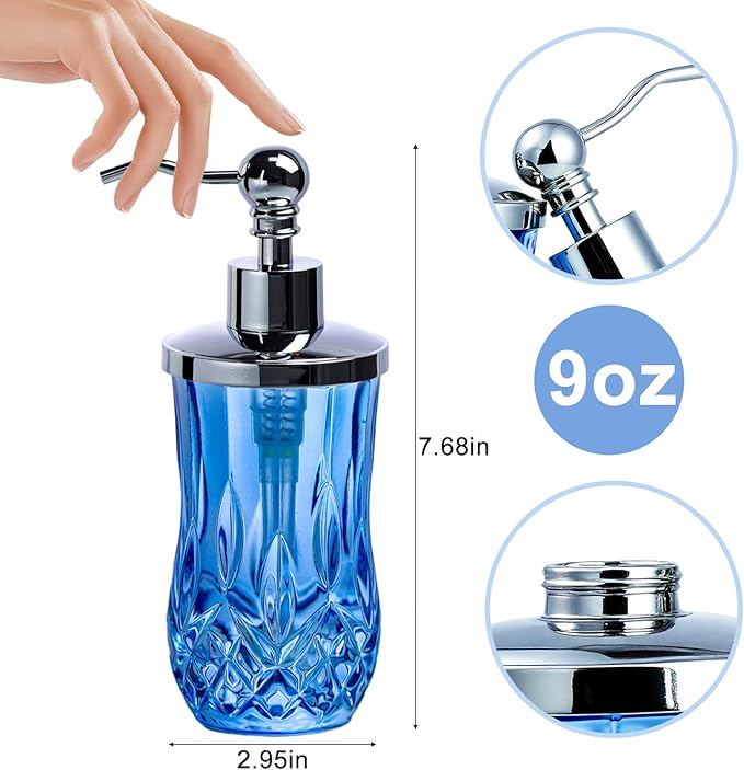 9Oz Diamond Grid Pattern Blue Glass Soap Dispenser with Rust Proof Stainless Steel Pump,Refillable Liquid Soap Dispenser for Bathroom & Kitchen Dish Soap, Hand soap, Lotion(Round)