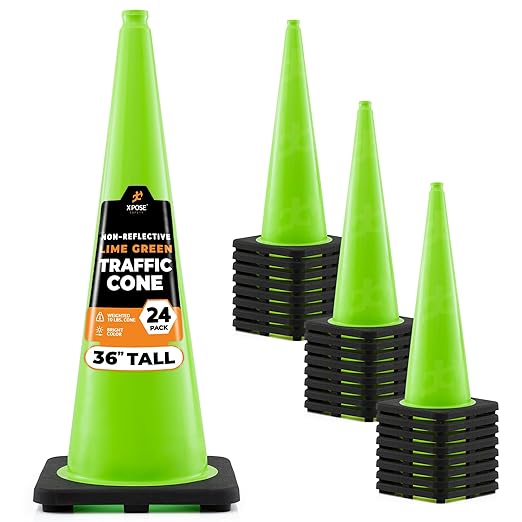 Xpose Safety 36” Lime Green Traffic Cone - 24 Pack - Premium PVC Safety Cone for Parking, Caution, Construction, Road Crews, Emergency Vehicle - DOT Approved