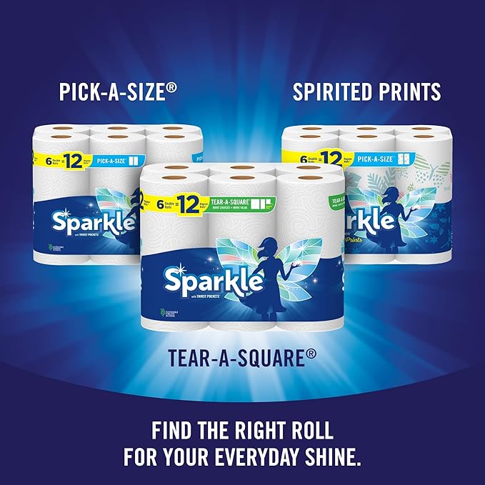 Sparkle Tear-A-Square Paper Towels, 2 Double Rolls = 4 Regular Rolls, Back-to-School Essentials, Customizable Sheets for Lunchboxes, Art Projects, Classrooms, and Home (Pack of 2)
