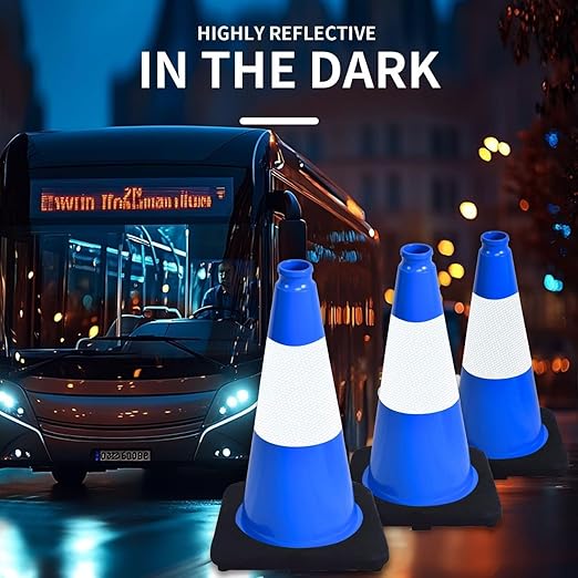 BESEA 6Pack 18 Inch Blue Traffic Cones with 6 Inch Reflective Collar, Heavy Duty PVC Safety Cones with 10.5 x 10.5 Inch Base for Parking, Driving Practice, Sports Training, and Construction