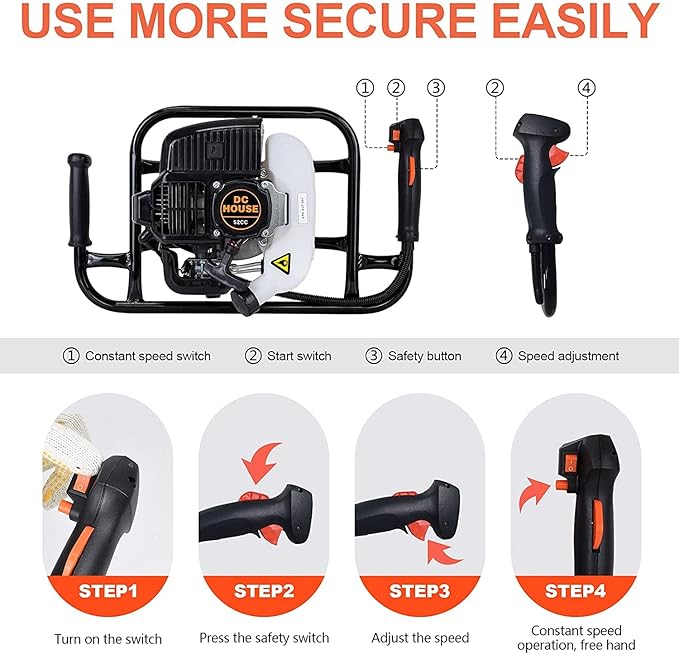 DC HOUSE 52cc 1800W Gas Powered Earth Auger EPA Certified Post Hole Digger, with 3 Drill Bits 6" 10" 12" and 3 Extension Rods 8" 12" 20", Mixing Ratio 30:1, for Fence, Farmland and Garden