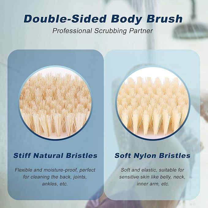 KIPRITII Ergonomically Back Scrubber for Shower - Double-Sided Back Brush Long Handle for Shower, Wet & Dry Brush for Cellulite and Lymphatic (Blue)