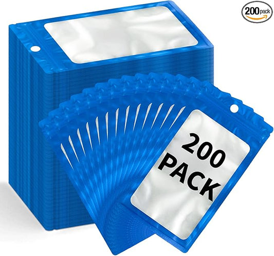 200 Pack Resealable Mylar Holographic Bags Food Storage Smell Proof Bags with Front Window Foil Packaging Pouch for Candy Sample Jewelry Small Business 4.13×5.91 Inch, Blue
