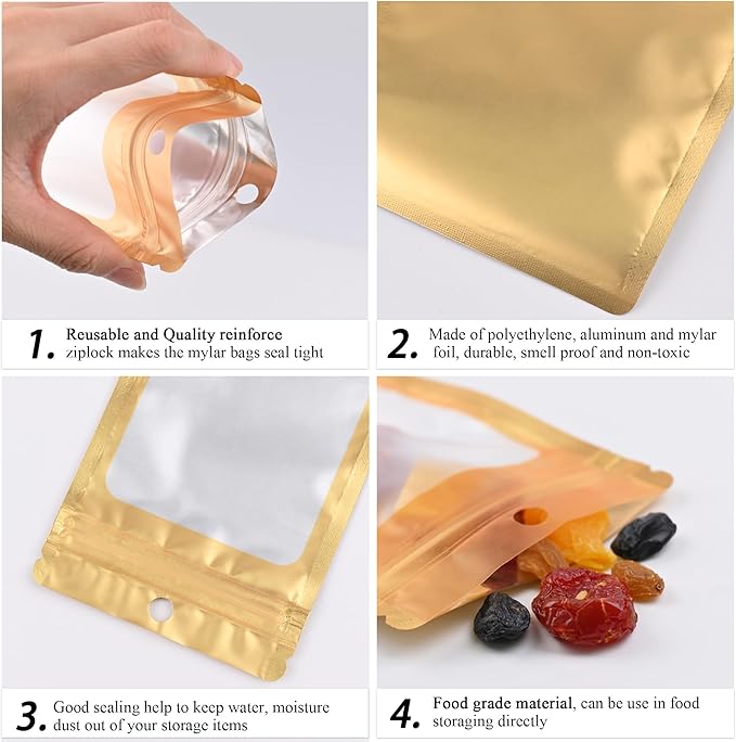 100 Pack Resealable Plastic Bags for Food Storage, Zipper Bags with Clear Front Window, Packaging Pouch for Small Business (Gold, 3.9x7.1 inch)