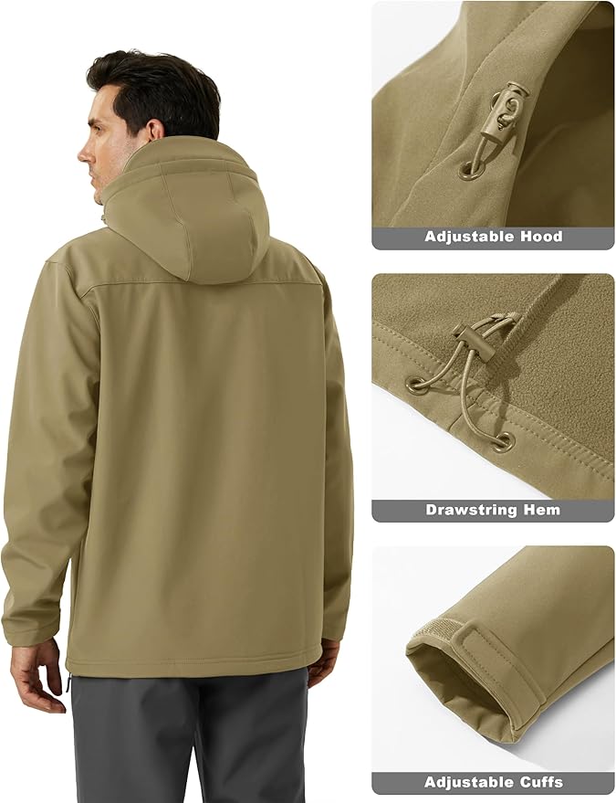 MAGCOMSEN Men's Waterproof Fleece Lined Rain Jacket Lightweight Softshell Raincoat with Hood Winter Hiking Windbreaker