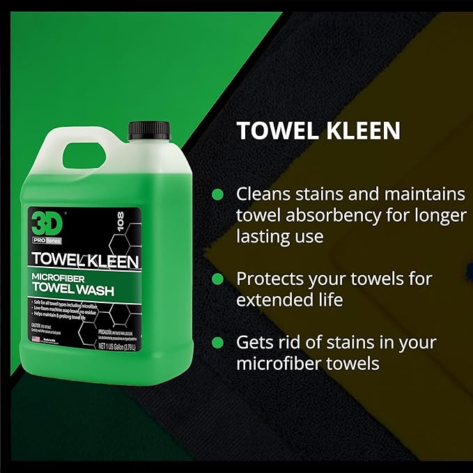 3D Towel Kleen Concentrated Microfiber Detergent - Deep Cleans, Restores & Maintains Car Wash Towel Life - Low Foam, No Residue Premium Laundry Soap 1 Gallon