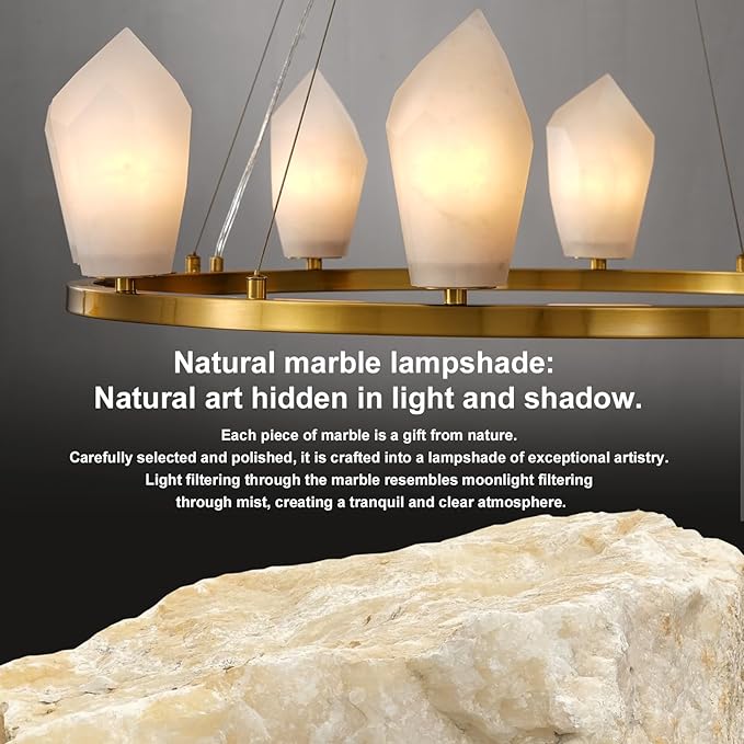 Alabaster Chandelier, 31.5" 8-Light Large Round Chandeliers for Living Room with Bulb, Wagon Wheel Chandelier for Entryway, Farmhouse Chandeliers for Bedroom, Gold Foyer Lighting Fixtures