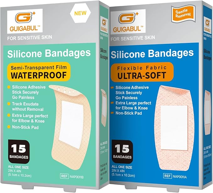 Silicone Adhesive Bandages for Elderly Sensitive Skin - Painless Removal 2''x4'' Extra Large 15 Counts Waterproof and 15 Counts Flexible Fabric Bandages by G+ GUIGABUL - Hypoallergenic - Latex Free