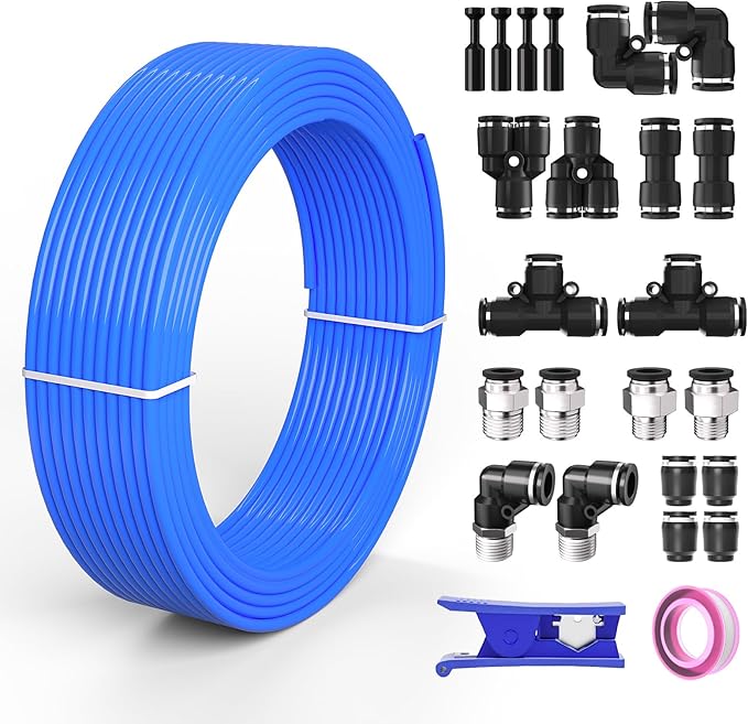 5/16 8mm Air line,5/16 inch OD Air Hose Kit,Airline Tubing Repair Kit Compressor Tube with Push to Connectors Fittings(Blue-32.8FT/10M)