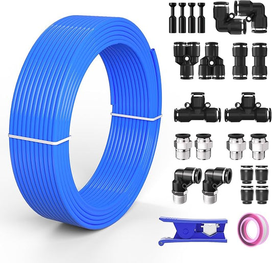 5/16 8mm Air line,5/16 inch OD Air Hose Kit,Airline Tubing Repair Kit Compressor Tube with Push to Connectors Fittings(Blue-32.8FT/10M)