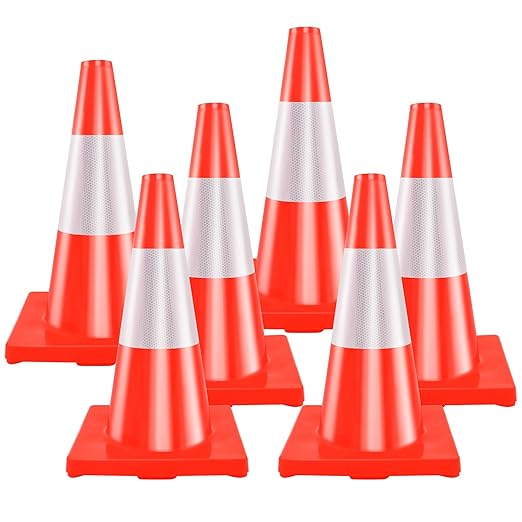 RELIANCER 8PCS 18" Traffic Cones PVC Safety Road Parking Cones Weighted Hazard Cones Construction Cones for Traffic Fluorescent Orange w/4" Reflective Strips Collar