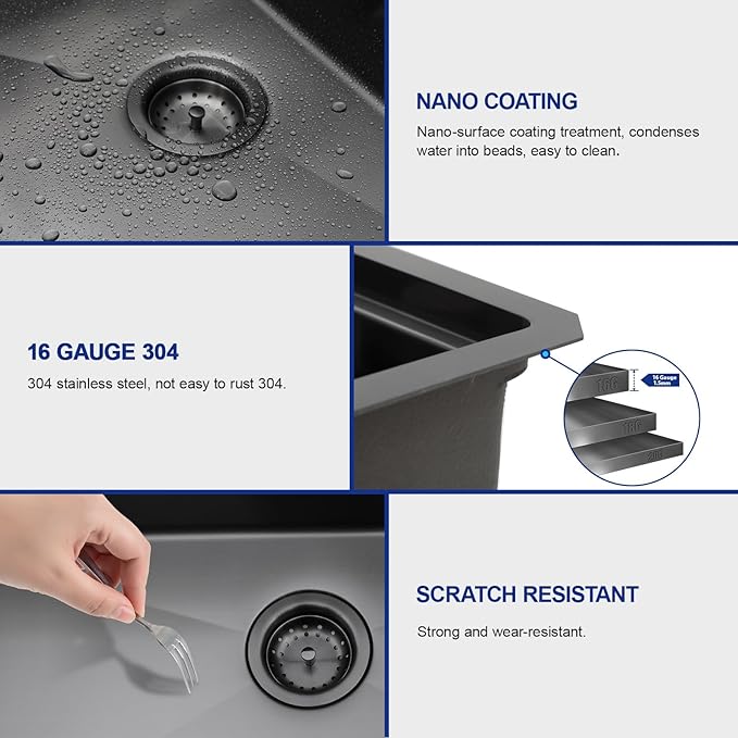 Dcolora 17 Inch Black Kitchen Sink Undermount Wet Bar Sink Workstation Spuare16 Gauge Stainless Steel Small Prep Sinks Single Bowl 17’x17", DC-U1112