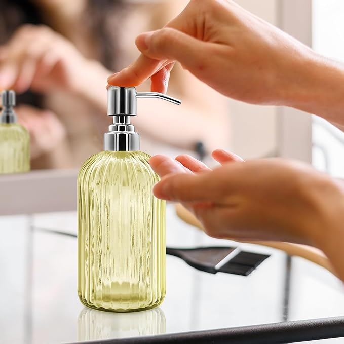 18 Oz Glass Soap Dispenser with Stainless Steel Pump, Modern Ribbed Design Refillable Liquid Soap Bottle for Bathroom, Kitchen, Hand Soap, Dish Soap, or Lotion (Yellow)