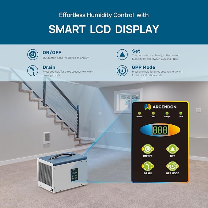 ARGENDON Crawlspace Dehumidifier with Pump, 70 Pint Commercial Dehumidifier for Basement with Drain Hose, Auto Defrost, Memory Starting, Compact, GLGR, Up to 1000 Sq Ft, 5 Years Limited Warranty