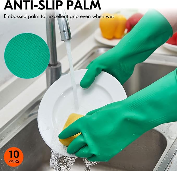 Vgo... 10-Pairs Reusable Household Gloves, Rubber Dishwashing gloves, Extra Thickness, Long Sleeves, Kitchen Cleaning, Working, Painting, Gardening, Pet Care (Size M, Green, HH4601)