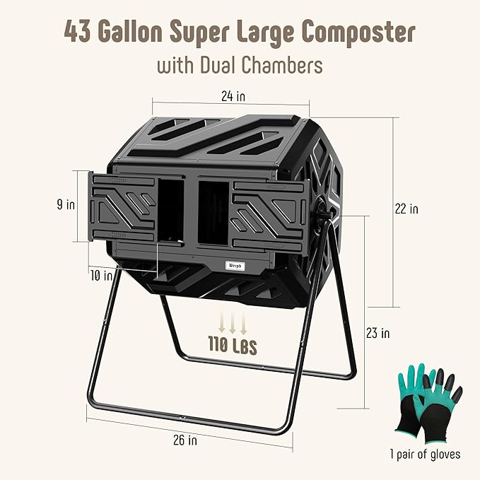 Compost Bin, Outdoor Composter, Fast Assembly 43 Gallon Dual Chamber Outdoor Compost Tumbler, Heavy Duty Tumbling Rotating Composter for Patio, Garden, Yard, Black, Easy Setup, Gloves Included