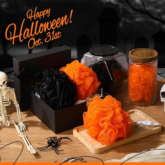 24 Pcs Christmas Bath Loofah Sponge Red Green Loofah Exfoliating Body Scrubber Shower Sponge 50g Mesh Shower Pouf Balls Gift Set for Women Men Christmas Bathing Accessories(Orange,Black)