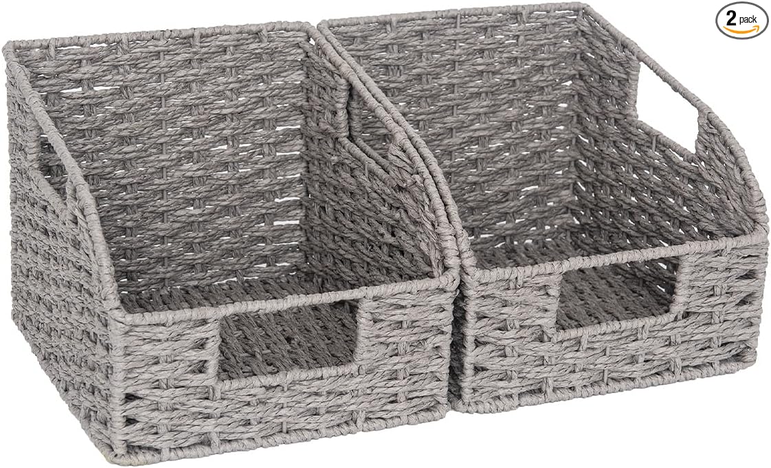 StorageWorks Wicker Baskets for Organizing, Pantry Organizers and Storage, Round Paper Rope Storage Basket for Pantry Shelves, Kitchen Counter, Gray, 2 Pack