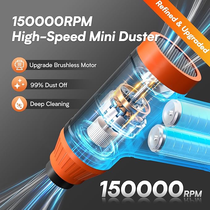 Electric Air Duster for PC - Compressed Air Duster for Keyboard Cleaning, 110,000 RPM Rechargeable Mini Blower for Computer (Orange)