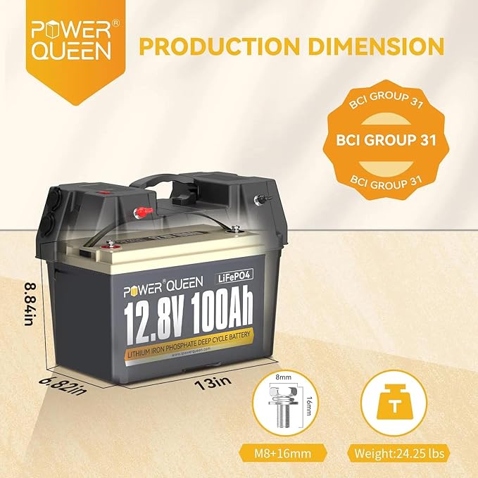 Power Queen 12V 100Ah LiFePO4 Battery Group 31 Lithium Deep Cycles Battery, Built-in 100A BMS, Up to 15000 Deep Cycles, Perfect for RV, Marine, Off-Grid Cabin (12V 100Ah Basic)