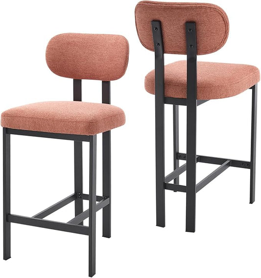 Modern Counter Stools Set of 2, 26" Upholstered Barstools with Back, Sturdy Black Metal Legs Dining Stools with Footrest for Home Pub Kitchen, Orange