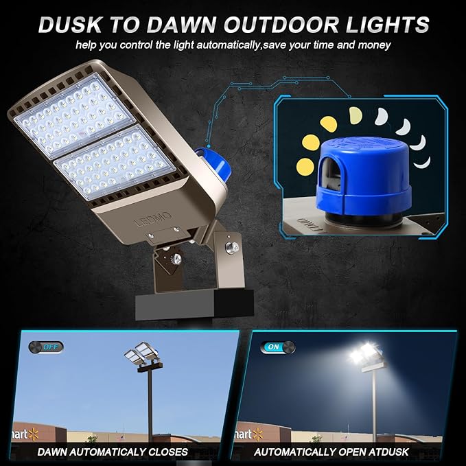 ledmo LED Parking Lot Lights Adjustable Trunnion Mount 200W Dusk to Dawn Outdoor Lighting with Photocell Flood Area Lights 5000K Commercial Wall Mount IP65 Led Shoebox Lighting
