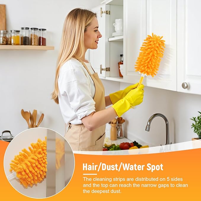 Reusable Duster Refill for Swiffer Duster Refill, 360° Heavy Duty Duster Refills Kit, 5 Pack with 1 Handle Microfiber Ceiling Fan Dusters for Cleaning（Orange, 9PCS）