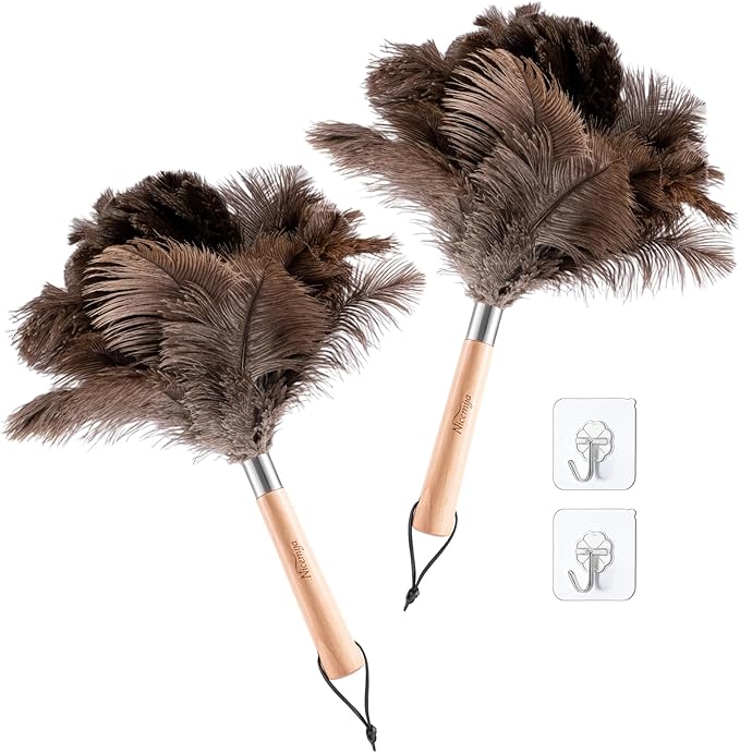 2 PCS Ostrich Feather Dusters with Wooden Handle, 13.5 inch Natural Fluffy Feather Dusters for Dusting Home, Car, Delicate Surfaces, Reusable Soft Cleaning Tools for Ledges, Blinds