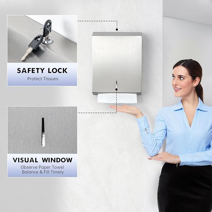 Paper Towel Dispenser Wall Mount: Commercial Paper Towel Dispenser with Lock - 304 Stainless Steel Hand Towel Dispenser for Bathroom, C-fold/Tri-fold/Multi-fold, Silver