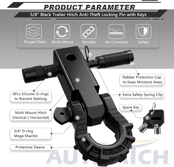AUTMATCH Shackle Hitch Receiver 2" with 3/4" Mega D Ring Shackle and 5/8" Trailer Hitch Lock Pin, 68,000 Lbs Break Strength Heavy Duty Receiver Towing Kit for Off-Road Vehicle Recovery, Black