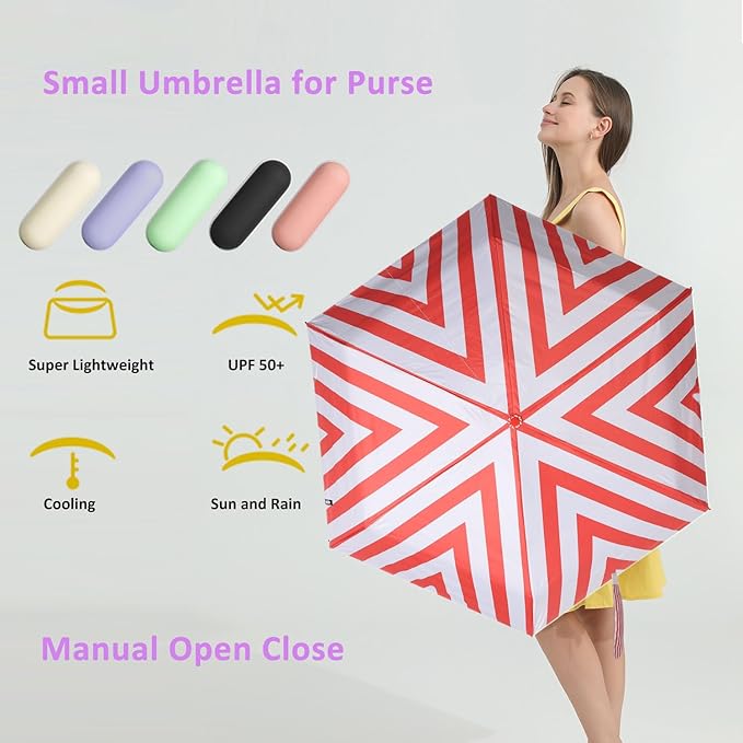 BAODINI Travel Essentials Mini Umbrella for Purse With Case Small Compact UV Sun Protection Lightweight Tiny Pocket Manual Open Close Umbrella for Women Kids and Men Fit Purse Backpack