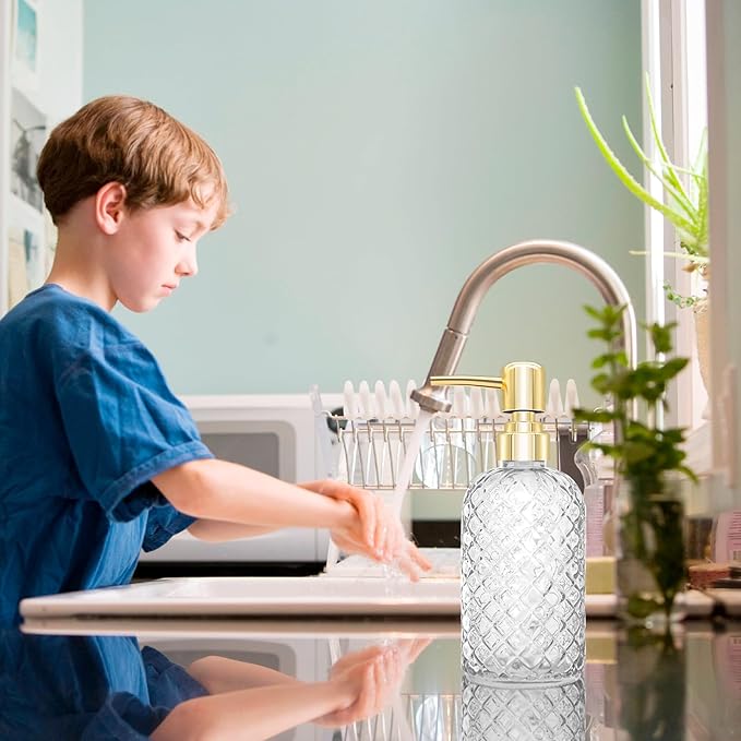 450ml Glass Soap Dispenser with Pump, 16 oz Diamond Cut Design Refillable Liquid Hand Soap Bottle Dispenser for Bathroom, Countertop, Kitchen, Laundry Room, Home Decor Accessories