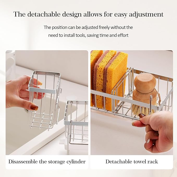 Silver Sponge Holder for Kitchen Sink, Sink Caddy Organizer with High Brush Holder, Kitchen Countertop Organizers and Storage Essentials, Rustproof 304 Stainless Steel, Soap Dispenser Organize