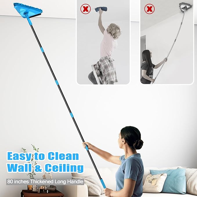NEWE Wall Mop Cleaner with 80 inches Long Handle, 180° Folding Ceiling Cleaning Tool with Squeegee for Washing Painted Walls, Triangle Baseboard Scrubber with 4 Chenille Duster and 2 Microfiber Pads