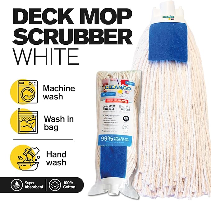 String MOP 100% Cotton, 43" Handle String Mop for Floor Cleaning with Scrubber, Hand Made in the USA for Ecofriendly Cleaning, Ultra Absorbent, Easy to Use and Clean, Machine Washable. (White)